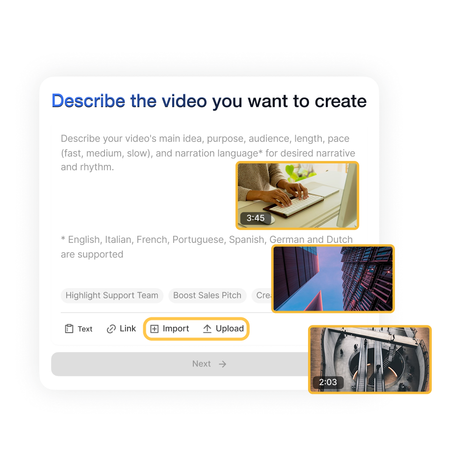 Import field recordings or screen captures into Visla’s news report video creator for editing.